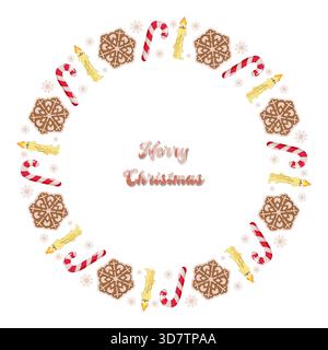 Frohe Weihnachtskranz aus Lebkuchenkeksen, Zuckerstangen, Kerzen und Schneeflocken mit Frohe Weihnachten Text in der Mitte Stock Vektor