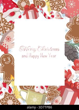 Festliche Weihnachtsgrußkarte mit einem dekorativen Rand aus Lebkuchenkeksen, Zuckerstangen, Geschenken, Handschuhen und Winterelementen Stock Vektor