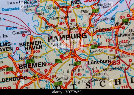 Hamburg, Deutschland, auf einer Straßenkarte Stockfoto