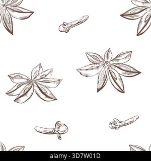 Grafisches nahtloses Muster von Sternanis, Gewürznelken in schwarz-weißem Vektor handgezeichnete Illustration für Gewürzverpackung, kulinarisch, Kräuterthema Stock Vektor