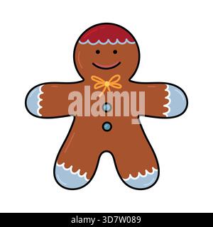 Lächelnder Lebkuchen-Mann-Keks. Handgezeichnetes Weihnachtsgebackenes Dessert-Symbol mit Zuckerguss Stock Vektor