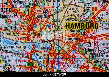 Hamburg, Deutschland, auf einer Straßenkarte Stockfoto