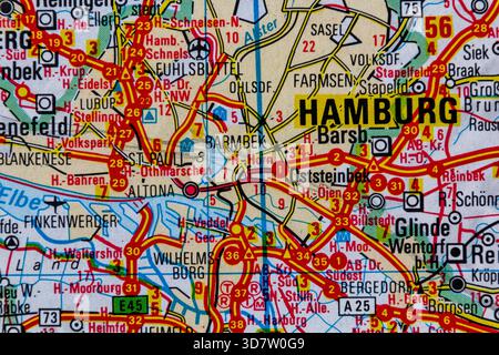 Hamburg, Deutschland, auf einer Straßenkarte Stockfoto