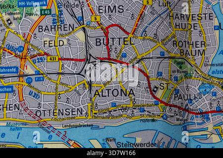 Hamburg, Deutschland, auf einer Straßenkarte Stockfoto