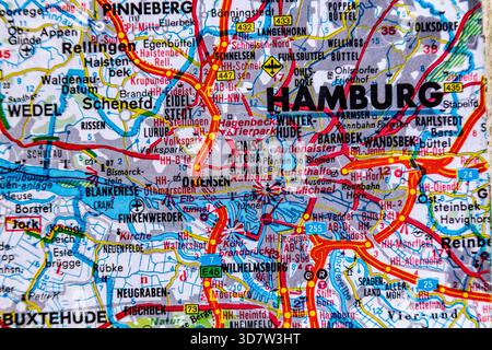 Hamburg, Deutschland, auf einer Straßenkarte Stockfoto