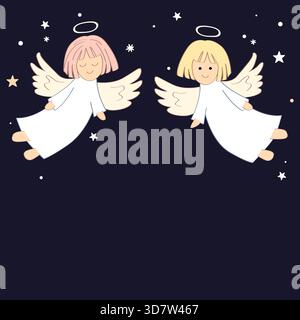 Weihnachtsrahmen mit süßen Engeln. Weihnachtsfeiertage Hintergrund. Vektor-isolierte Abbildung. Stock Vektor