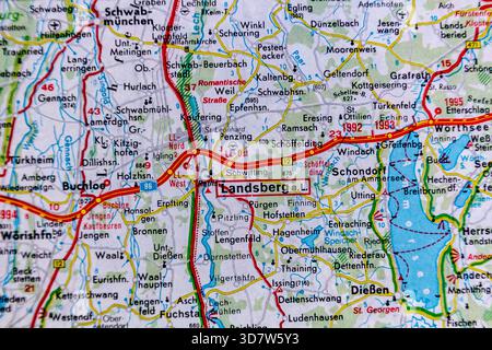 Landsberg am Lech, Deutschland, auf einer Straßenkarte Stockfoto