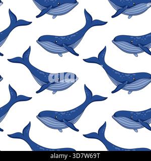 Nahtloses Muster von Buckelwalen im Cartoon-Stil. Unterwasser-Tierhintergrund für Sommermotiv. Stock Vektor