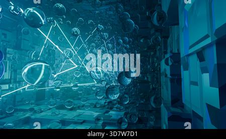 Abstrakte digitale Landschaft mit geometrischen Formen und leuchtenden Linien in Blautönen. Abbildung, Rendering Stockfoto