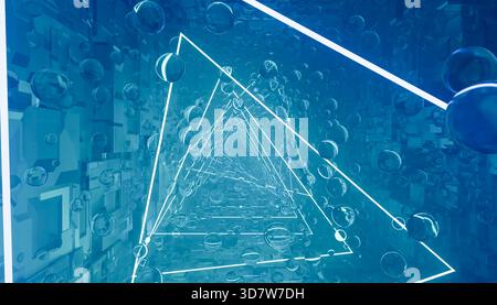 Futuristischer blauer geometrischer Tunnel mit leuchtenden Dreiecken und schwebenden Kugeln. Abbildung, Rendering Stockfoto