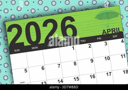 April 2026 Kalenderkarte auf blauem Hintergrund mit Retro-Kreismuster Stockfoto