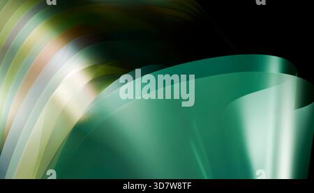 Abstraktes Design mit geschwungenen, fließenden grünen und mehrfarbigen Lichtwellen auf dunklem Hintergrund. Abbildung, Rendering Stockfoto