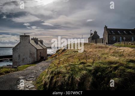 Küstendorf mit Steinhäusern, bewölktem Himmel und einem grasbewachsenen Pfad, der zum Ufer führt. Keiss Harbour, Schottland Stockfoto
