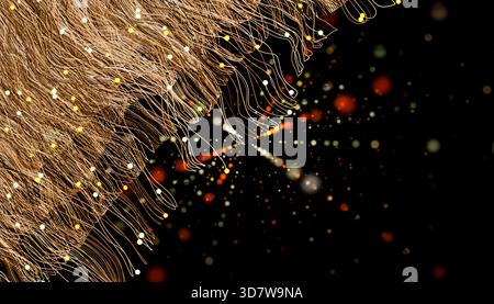 Abstrakte digitale Kunst mit wirbelnden goldenen Linien und bunten Punkten auf schwarzem Hintergrund. Abbildung, Rendering Stockfoto
