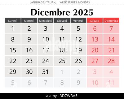 Italienischer Kalender für den Monat dezember 2025. Vektorabbildung. Für Italien Stock Vektor