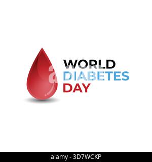 Eine auffällige Vektor-Illustration mit einem großen, realistischen, glänzenden roten Bluttropfen gepaart mit auffälligem Text zum Weltdiabetetetag. Ein sauberes und wirkungsvolles Desi Stock Vektor