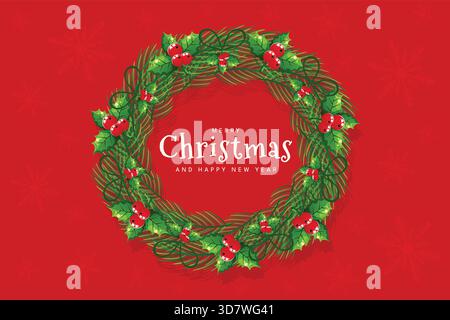 Frohe Weihnachtsfeiertag Wreath Rahmen Vektor Roter Hintergrund Neujahrsgrußkarte. Stock Vektor