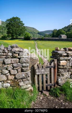 Ein Pfad, der durch die wilden Blumenwiesen in Muker in Swaledale führt. Stockfoto