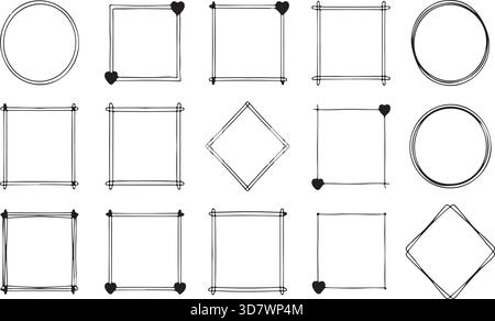 Doodle Sketch Frame Vector Set Doodle Frames Set, handgezeichnete Rahmen, Skizzenränder, quadratischer Vektorrahmen, Kreislinie Kunst, Rhombus-Grenze, Herz Corne Stock Vektor