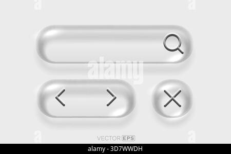 Moderne neumorphe UI-Elemente mit einer weichen 3D-Suchleiste, Navigationspfeilen und der Schaltfläche Schließen. Vektorabbildung. Stock Vektor