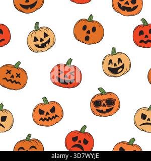 Jack O Laterne Doodle nahtloses Muster. Vektor-Doodle-Illustration Set für Web, T-Shirt-Design, andere grafische Design-Verwendung Stock Vektor