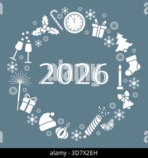 Neujahrskranz 2026 mit Feiertagsikonen auf blauem Hintergrund Stock Vektor