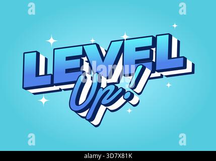 Ein lebendiges Grafikdesign mit dem Satz LEVEL UP! In auffälliger, stilisierter Typografie. Der Hintergrund ist ein helles Blau mit funkelnden Akzenten, die schaffen Stock Vektor