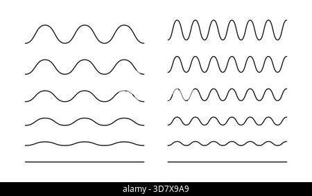 Wellige, kurvige schwarze Linien. Unförmige einfache Ränder, horizontale Querlinien. Wasser, Fluss, See, Meer, Ozeansymbole. Sinus, Flüssigkeit, Luft, Windzeichen Stock Vektor