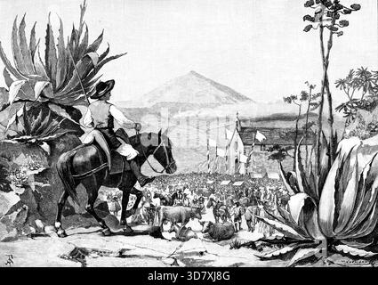 Festival des Heiligen Antonius in der Kapelle San Antonio, Teneriffa, 1890. Zeichnung von Miss E. A. MacDonald Ritchie. Das fest des Heiligen Antonius wird in dem kleinen Dorf San Antonio gefeiert. Hier ist eine kleine Kapelle am Hügel, die ein eigenartig heiliges Bild enthält, mit solch wundersamen Kräften, dass alle Tiere, die an diesem Tag gesegnet werden, im kommenden Jahr vor dem Bösen bewahrt werden. Denn der gute heilige wird besonders als Schutzpatron der Rinder und aller Tiere in der Landwirtschaft angesehen... die Bauern sind alle in Gala-Kostümen... Maultiere, Pferde, Ochsen und Ziegen Stockfoto
