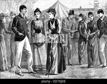 The Universities' Boat-Race: Auf dem Rasen des Lyric Club, Barnes, 1890. Studentenruderrennen auf der Themse in London. Das jährliche Achtruderrennen auf der Themse von Putney nach Mortlake zwischen den ausgewählten Besatzungen der Oxford und Cambridge University Boat Clubs wurde am Mittwoch, den 26. März, am Nachmittag ausgetragen und führte zum Sieg der Oxford Crew. Porträts der Mitglieder beider Crews mit ihren Namen und Colleges und dem Gewicht jedes Mannes wurden in The Last Number of This Journal veröffentlicht; aber Mr. T. W. Northmore vom Queens' College wurde durch Mr. Laidlay als Co ersetzt Stockfoto