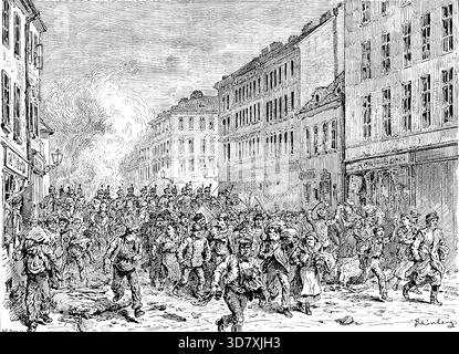 Die Unruhen in Wien: Husaren jagen Mob in der Lerchenfelder-Straße, 1890. "In Wien ereigneten sich am 8. April schwere Unruhen im Zusammenhang mit einem Massentreffen der Streikenden im Vorort Schmelz, an dem sich andere Urlauber auf dem Paradegelände beteiligten. Die Polizei, die das Treffen zerstreute, wurde von der Mafia gesteinigt und viele Verhaftungen wurden durchgeführt. Am Abend fand ein weiteres Treffen mit achttausend Mann im Vorort Neu-Lerchenfeld statt, das an Schmelz angrenzte. Das Verfahren, das einen ungeordneten Charakter hatte, endete in einem schweren Aufstand. Die Mafia, nach dem Angriff und dem Stockfoto