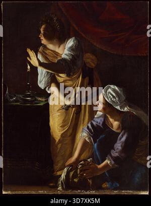 Judith und ihre Dienerin mit dem Kopf des Holofernes, 1623-1625. Der italienische Maler Gentileschi produzierte bereits im Alter von 15 Jahren professionelle Arbeiten. Sie gilt als eine der erfolgreichsten Künstler des 17. Jahrhunderts. 1638 schloss sich Gentileschi ihrem Vater Orazio in London am Hof Karls I. an. Zu einer Zeit in der Geschichte, in der Frauen wenig Möglichkeiten hatten, eine künstlerische Ausbildung zu absolvieren oder als professionelle Künstlerin zu arbeiten, war sie die erste Frau, die Mitglied der Accademia di Arte del Disegno in Florenz wurde. Stockfoto