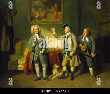 Szene aus "Love in a Village", 1767. Zoffany gilt als einer der frühesten Historiker des englischen Theaters, da er die Dramen seiner Zeit dokumentierte. Anstatt Schauspieler in Kostümen zu posieren, arrangierte er sie informell auf der Bühne wie während einer Performance und produzierte eine Variation des populären Gruppenporträtstils, genannt „Gesprächsstück“. Isaac Bickerstaffes Love in a Village eröffnete am 8. Dezember 1762 in Covent Garden mit Edward Shuter, John Beard und John Dunstall in der Besetzung. Zoffany stellt den Bart dar, der die Mot des Charakters ausspricht Stockfoto
