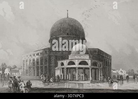 Kuppel des Felsens, Jerusalem, in der Mitte des Tempelbergs oder der Heiligen Esplanade von Jerusalem, 1840. Aus La Tierra Santa y los lugares recorridos por los profetas, por los apóstoles y por los cruzados (das Heilige Land und die Stätten, die von den Propheten, von den Aposteln und von den Kreuzfahrern durchquert wurden), veröffentlicht in Barcelona von der Druckerei von Joaquin Verdaguer, 1840. Stockfoto