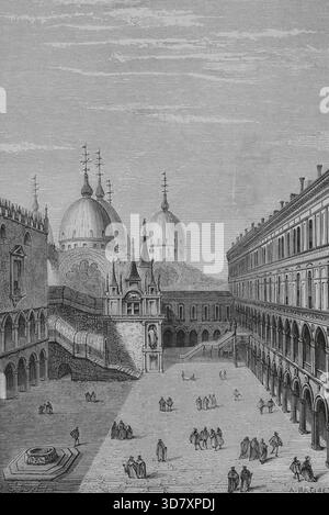 Hof des Dogenpalastes in Venedig, 1878. Gebäude, in denen sich die Brunnen und Abflüsse befanden. Nach Cesare Vecellio (1530–1601) in „de gli habiti antichi et moderni di diversi parti del mondoi“. Venedig, 1590. Aus „Moeurs, usages et Kostüumes au moyen-&#xe2;ge et &#xe0; l'&#xe9;poque de la Renaissance“ von Paul Lacroix, Paris, 1878. Stockfoto