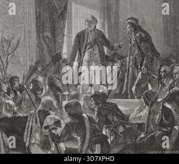 Französische Revolution: Ludwig XVI. Trinkt zur Gesundheit der Nation, Paris, 1876. Am 20. Juni 1792 Griff die Menge den Tuilerien-Palast an, in dem König Ludwig XVI. (1754–1793) Zuflucht suchte. Der Mob zwang den Monarchen, auf dem Balkon zu erscheinen, zog eine Phrygianische Mütze an und trank für die Gesundheit der Menschen, was er zustimmte. Aus "Geschichte der Französischen Revolution", Band I, 1876. Stockfoto