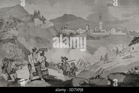 Erster Karlistenkrieg (1833–1840): Zwischen September und Oktober 1835 belagerten karlistische Truppen die Stadt Olot (1845). Die Belagerung von Olot wird ausgelöst. Carlist Truppen unter dem Kommando von General Juan Antonio Guergué belagerten die Stadt Olot. Von „Panorama Español, CRóNica Contemporánea“, Band III, Madrid, 1845. Stockfoto