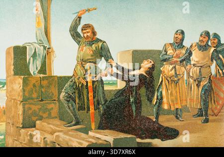 Guzmán der Gute wirft seinen Dolch auf die Muslime während der Belagerung von Tarifa 1296, 1890. Leoneser Militär und Adliger, Gründer des Hauses Medina Sidonia. Alonso Pérez de Guzmán, genannt Guzmán el Bueno (Guzman der Gute) (1256–1309), leonesisches Militär und Adliger. Erster Herr von SanlúCar de Barrameda. Aus „Glorias Españolas“ (Glories of Spain), Band II, veröffentlicht in Barcelona, 1890. Stockfoto