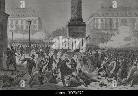Paris Commune: Massaker an Anhängern der "Partei der Ordnung" (Konservative) am Place VendôME in Paris, 22. März 1871. Revolutionäre Volksbewegung, die vom 18. März bis 28. Mai 1871 in Paris die Macht übernahm, während des Deutsch-Französischen Krieges. Die sogenannten „Freunde der Ordnung“, auch „Freunde des Friedens“, hielten eine Demonstration vor dem Hauptquartier der Nationalgarde ab und forderten die Vertreibung des Hauptquartiers der „Föderates“ vom Place Vendôme. Sie entwaffneten und griffen zwei Wachen an, was die Reaktion von 200 Föderationen provozierte Stockfoto