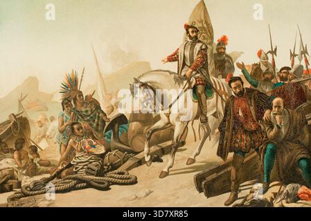 Zerstörung der Flotte - Verbrennung ihrer Schiffe, Aztekenreich, 1890. Hernán Cortés (1488–1547), spanischer Eroberer des Aztekenreichs. Er beschloss, seine Schiffe, die in der Stadt Villa Rica de Veracruz ankerten, zu versenken, um Desertionen unter seinen eigenen Gefährten zu vermeiden. Kopie nach einem Gemälde von Francisco Sanz. Von „Historia General de EspañA“ von Miguel Morayta, Vol III, Madrid, 1890. Stockfoto