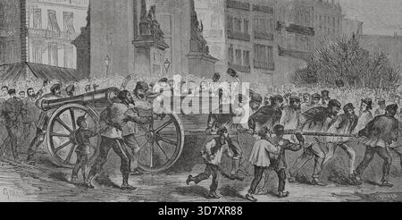 Paris Commune, Frankreich: Die Aufständischen schleppen die Kanonen nach Montmartre, 1871. Revolutionäre Volksbewegung, die vom 18. März bis 28. Mai 1871 in Paris die Macht übernahm, während des Deutsch-Französischen Krieges. Aus der Historia de la Guerra de Francia y Prusia (Geschichte des Krieges zwischen Frankreich und Preußen, Band II, veröffentlicht in Barcelona, 1871. Stockfoto