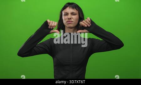Die junge hispanische Frau in schwarzer Sportkleidung zeigt in hellgrünem Studio eine Geste mit doppeltem Daumen nach unten; Ablehnung negativem Objekt Stockfoto