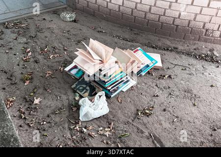 Ein Haufen von weggeworfenen Büchern, die auf unbefestigtem Boden zwischen gefallenen Blättern und Trümmern liegen, Seiten offen und verwittert. Stockfoto