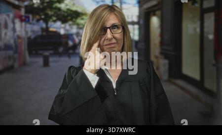 Die weiße Richterin des mittleren Alters in schwarzem Gewand zeigt den Finger auf den Tempel auf einer belebten Stadtstraße unter Tageslicht; Reflexion. Stockfoto
