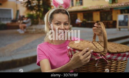 Frau in einem rosa Hemd mit Hasenohren hält einen Picknickkorb in einer Kopfsteinpflasterstraße; Überraschung. Stockfoto
