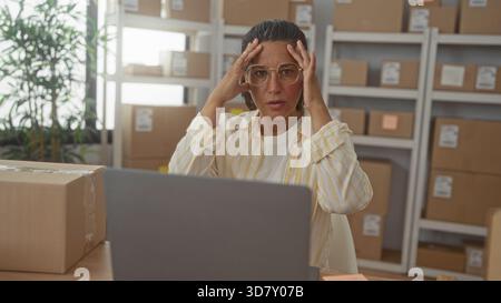 Die Frau hebt die Hände und drückt die Bügel, während sie den Laptop zwischen den Versandkartons im Lagergebäude ansieht; Frustration für kleine Unternehmen. Stockfoto