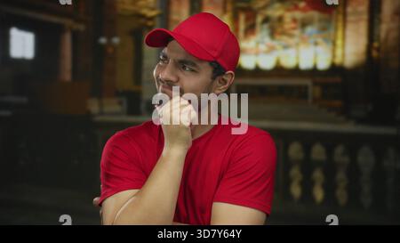 Mann in roter Mütze und Hemd steht drinnen mit Hand am Kinn im Kirchengebäude, Augen knirschen, während Buntglas die Bänke beleuchtet; Sorge. Stockfoto