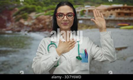Die hispanische Ärztin in weißer Uniform mit Stethoskop leistet an einem sonnigen Strand eine Eid-Geste, die auf Professionalität im Freien hinweist. Stockfoto