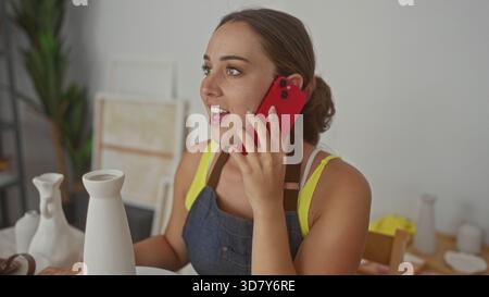Frau, die ein rotes Smartphone neben einer weißen Keramikvase auf dem Tisch im Studio hält, trägt eine Denimschürze und ein gelbes Tanktop; kreative Freude. Stockfoto
