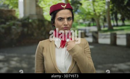 Hispanischer Flugbegleiter in Uniform-Gesten Nein mit Finger im Freien in einem Park, kombiniert Professionalität mit natürlichen Outdoor-Elementen. Stockfoto